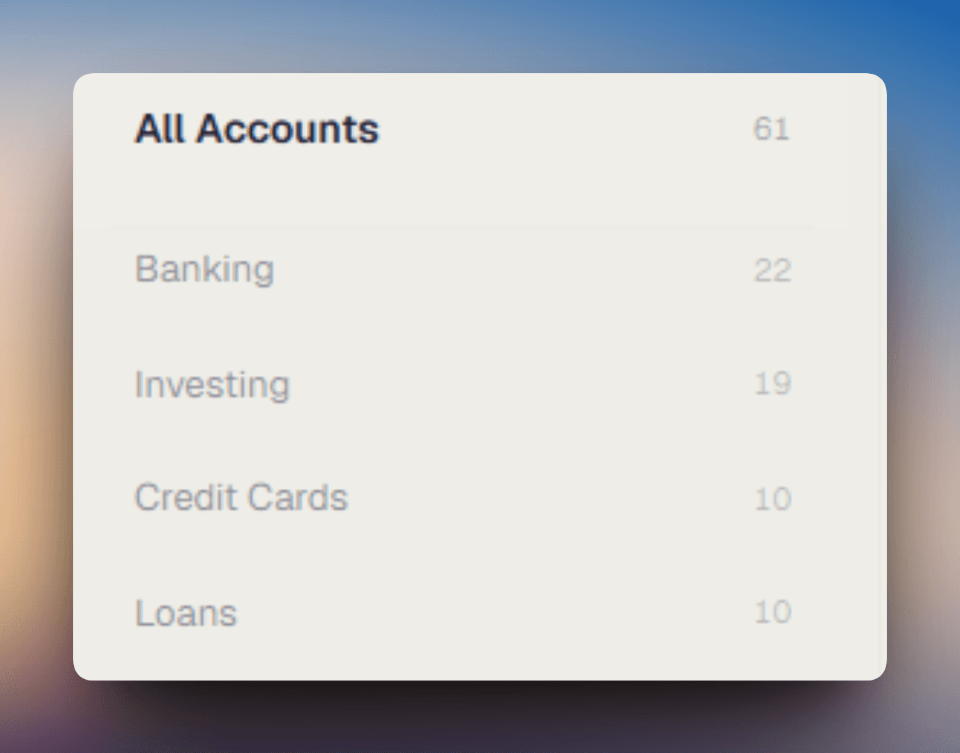 Activity page account sidebar showing Banking, Investing, Credit Cards, and Loans categories with individual accounts listed under each