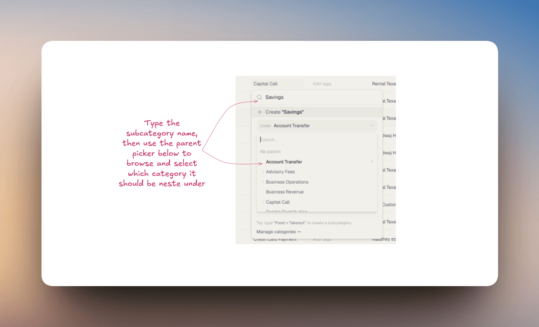 Category picker showing a plain name typed with the parent picker dropdown open below listing the category tree