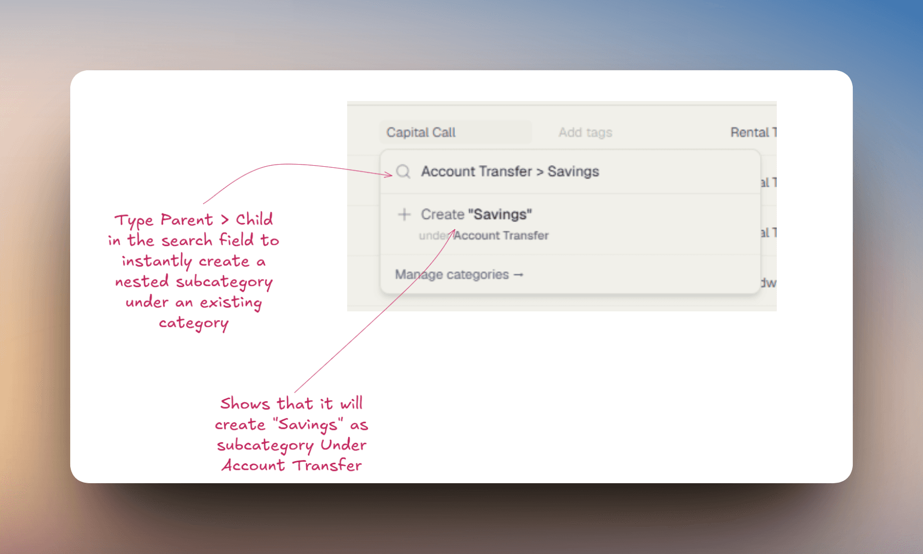 Category picker showing nesting syntax with Food > Takeout typed in the search field and a Create Takeout under Food option visible