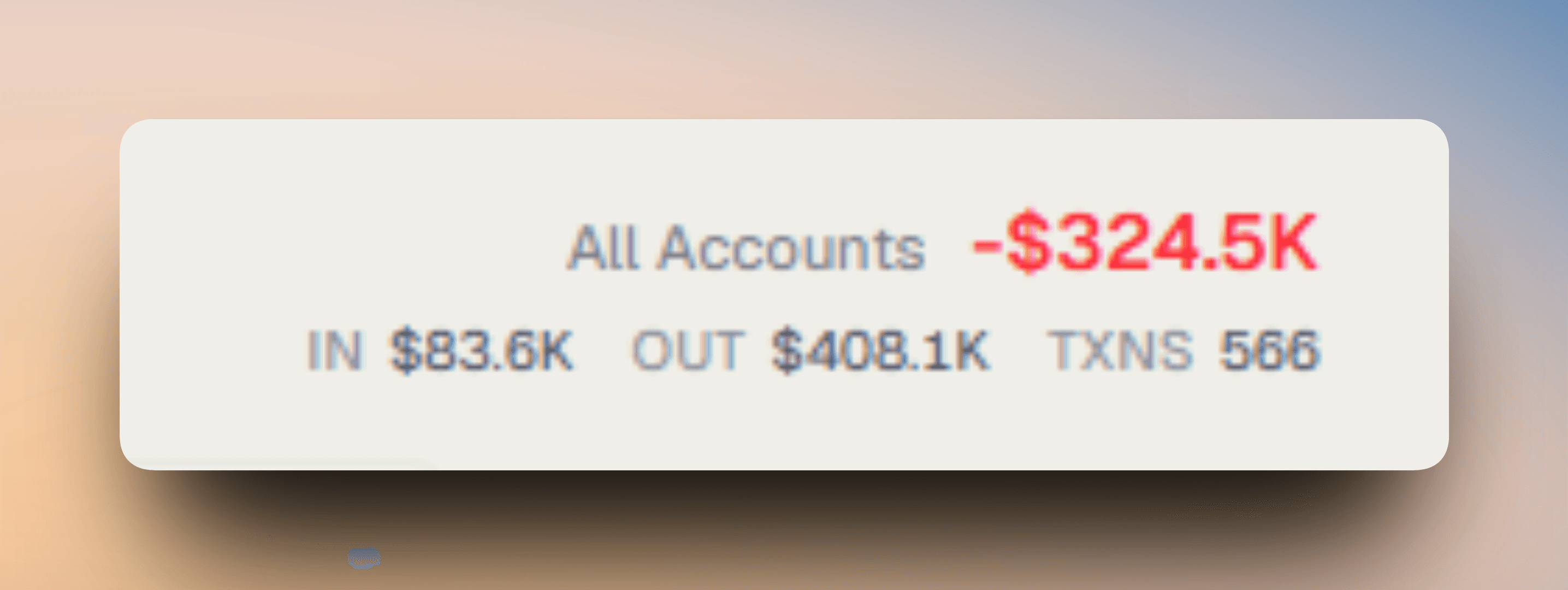Activity flow metrics bar showing All Accounts, NET, IN, OUT, and TXNS summary numbers