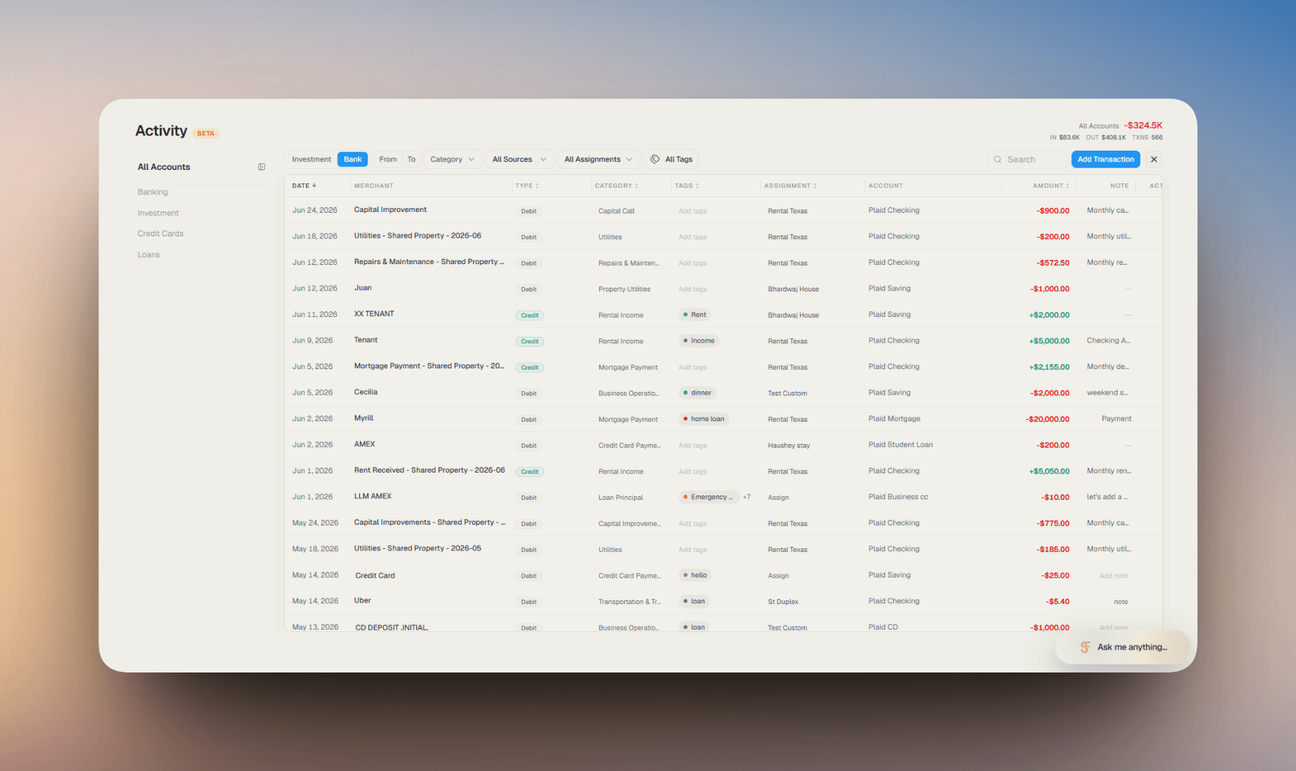 Activity page overview showing the account sidebar, transaction list, and filter toolbar
