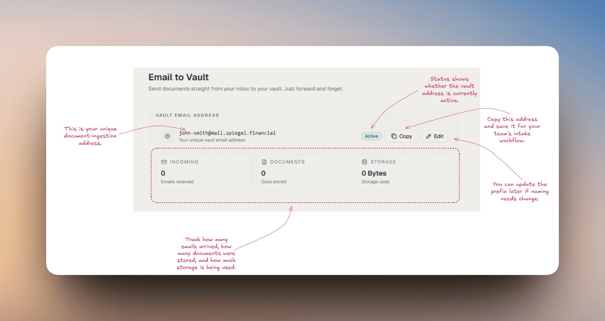 Vault email address screen showing the active vault address, copy action, edit action, and usage summary cards.