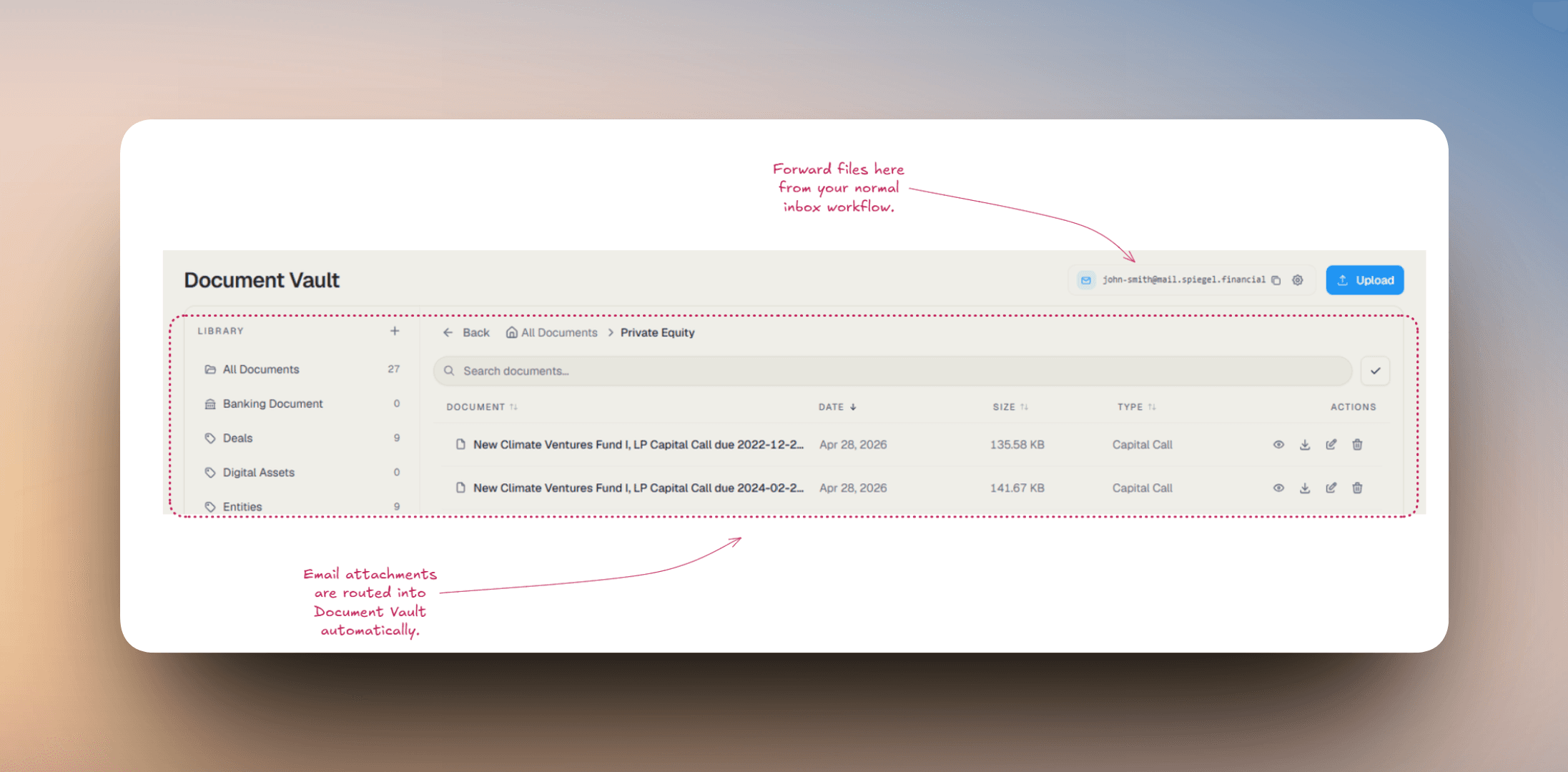 Document Vault showing the Email to Vault control in the header and documents that arrived through the Email to Vault workflow.