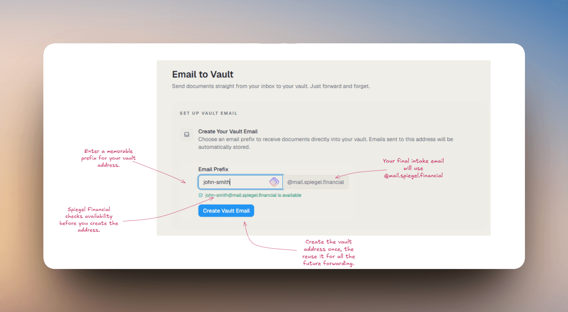 Email to Vault setup screen showing email prefix selection, availability checking, and the create address action.