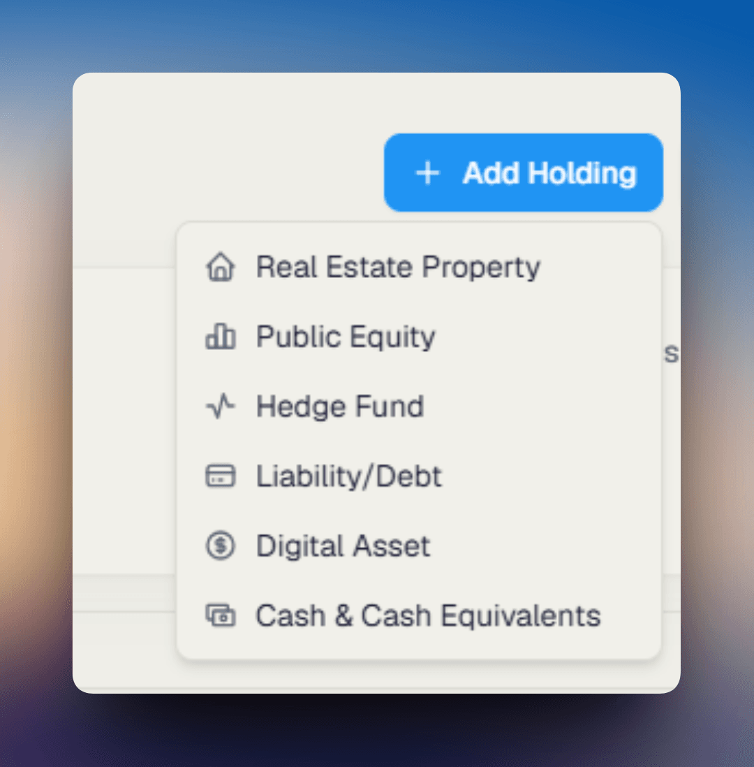 Add Holding dropdown showing holding type options