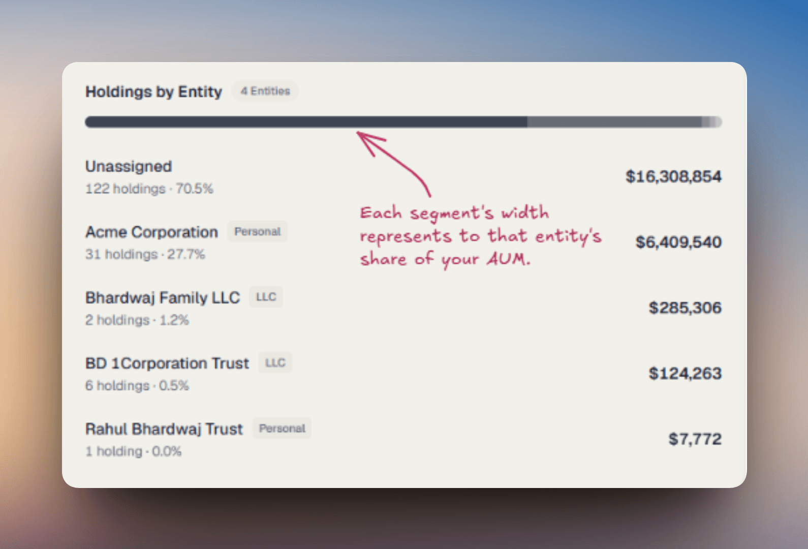 Holdings by Entity panel