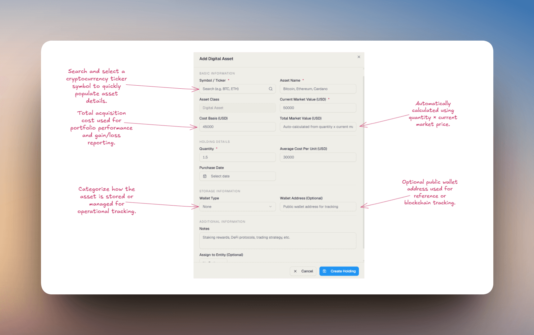 Add Digital Asset dialog showing symbol, asset name, market value, cost basis, quantity, wallet type, and entity fields