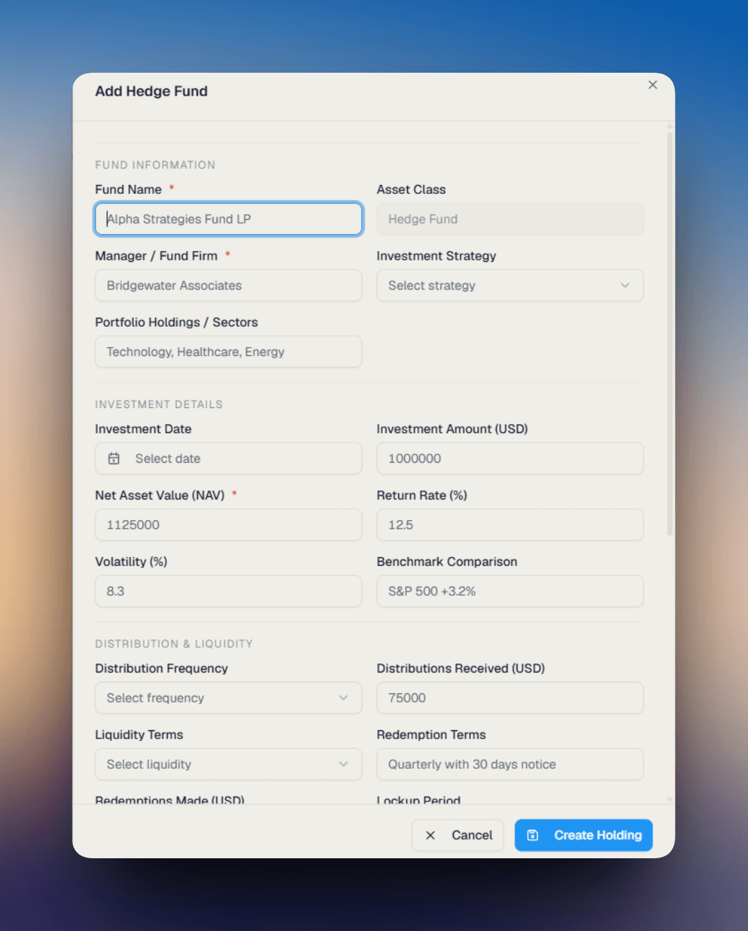 Add Hedge Fund dialog showing fund details, investment details, distribution and liquidity, and fees fields
