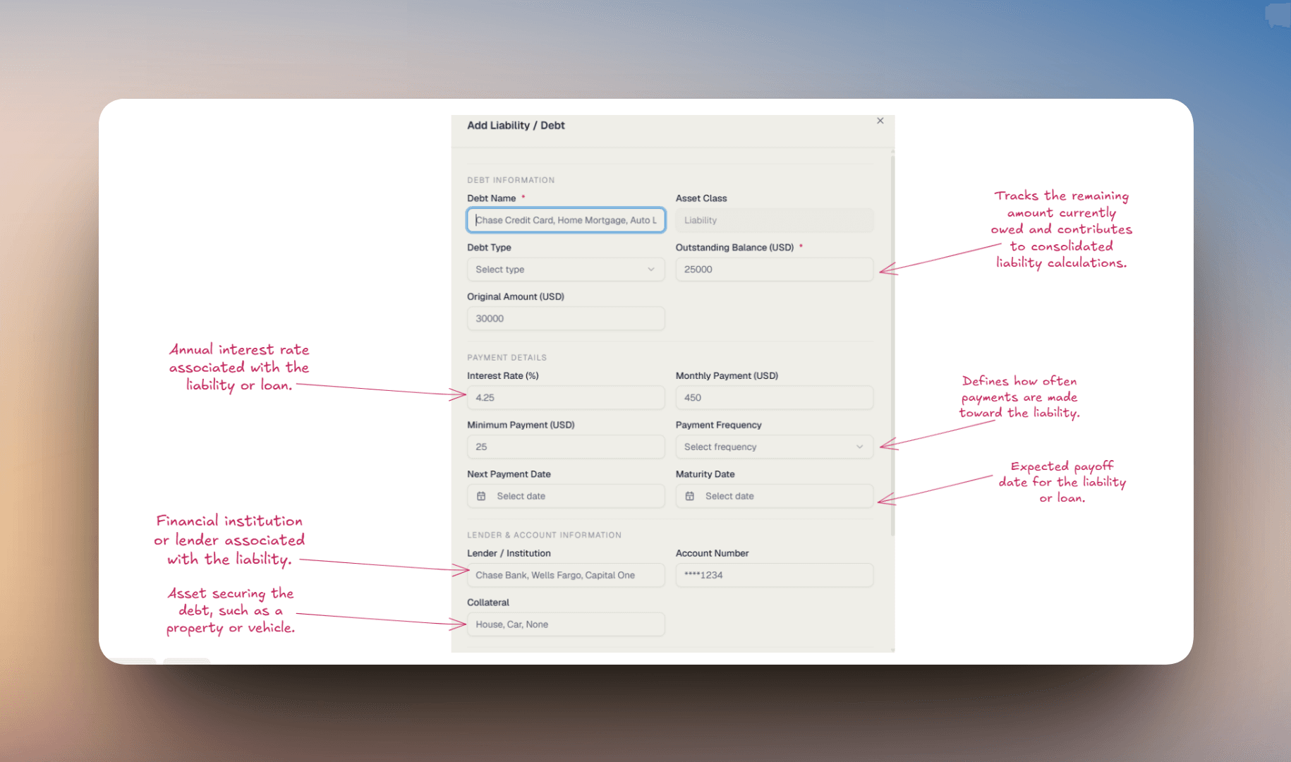 Add Liability / Debt dialog showing debt details, payment schedule, and lender information fields