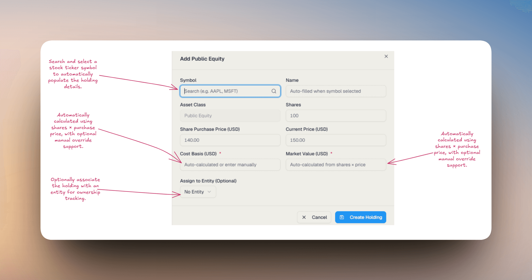 Add Public Equity dialog showing symbol, shares, price, cost basis, market value, and entity fields
