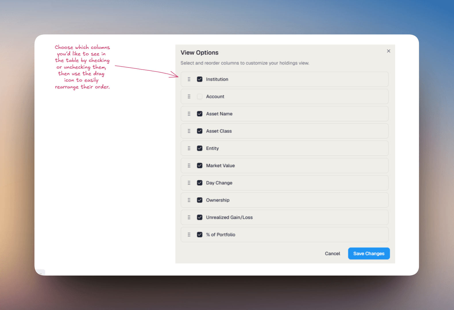 Holdings view options panel showing column visibility and ordering controls