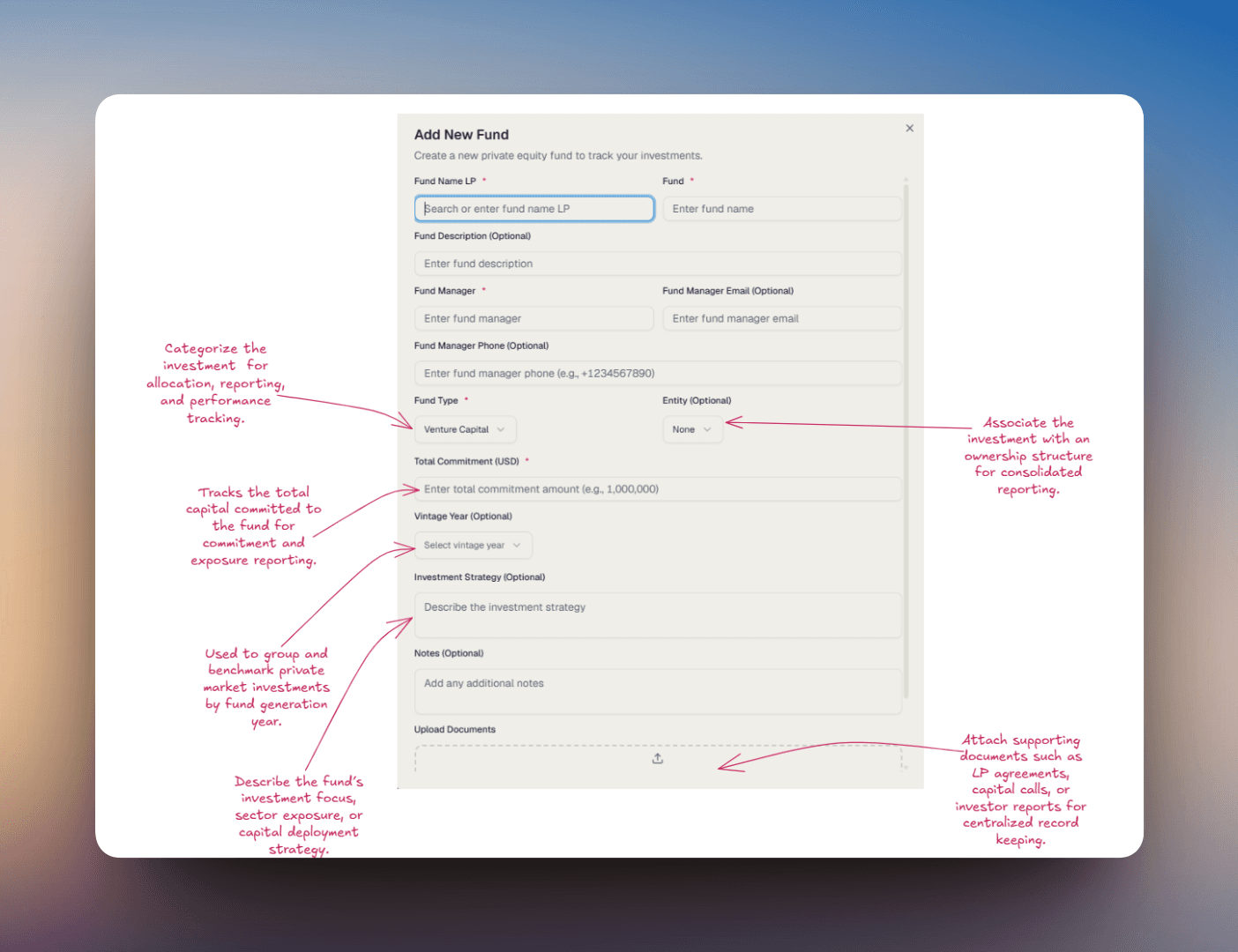 Add New Fund dialog showing LP name, fund details, manager details, fund type, entity, commitment, vintage year, strategy, notes, and document upload fields