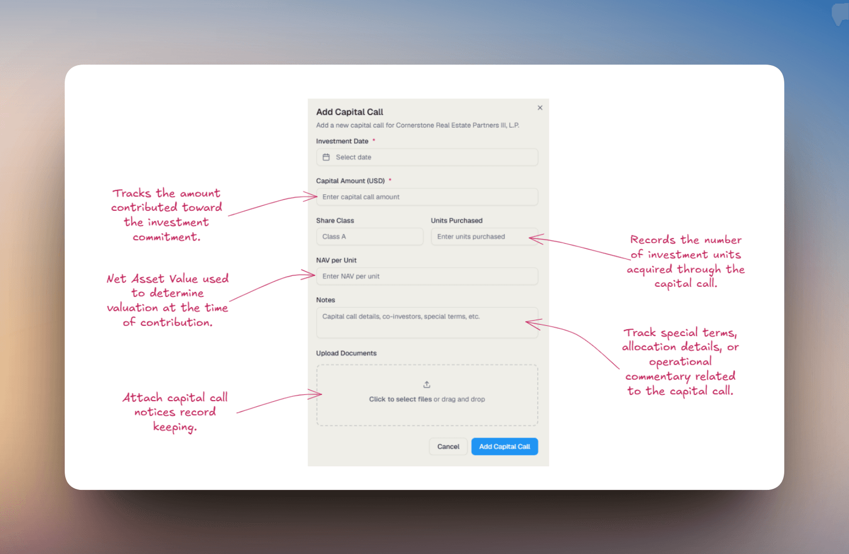 Add Capital Call dialog showing investment date, capital amount, share class, units purchased, NAV per unit, notes, and document upload fields