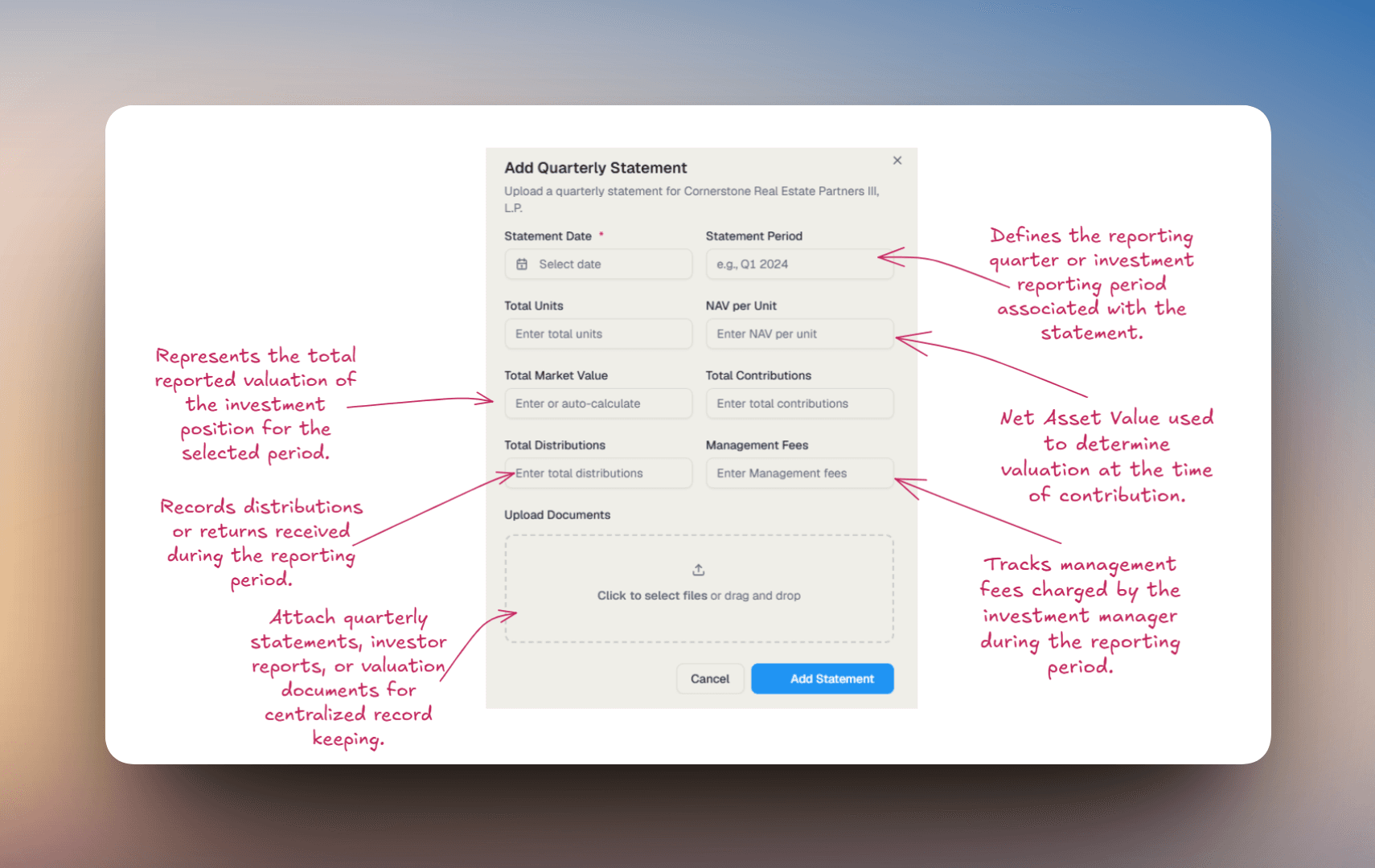 Add Quarterly Statement dialog showing statement date, statement period, total units, NAV per unit, market value, contributions, distributions, management fees, and document upload fields