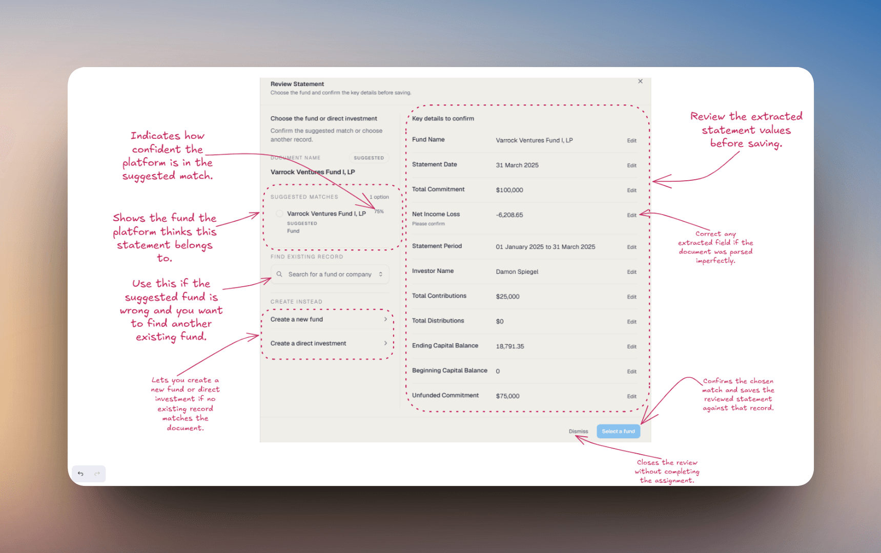 Review Statement dialog showing suggested fund matching, extracted statement fields to confirm, edit actions, and options to search or create a new record